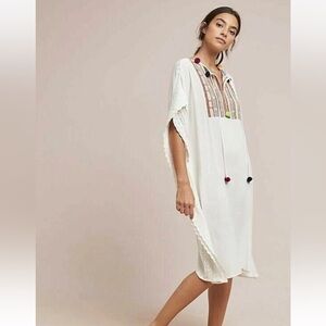 Anthropologie White Tunic Coverup Dress Embroidered Kaftan Lace Medium
